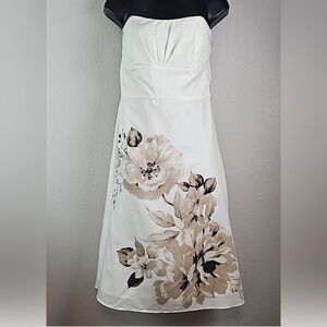 White House Black Market Strapless Floral Dress in Off White and Tan